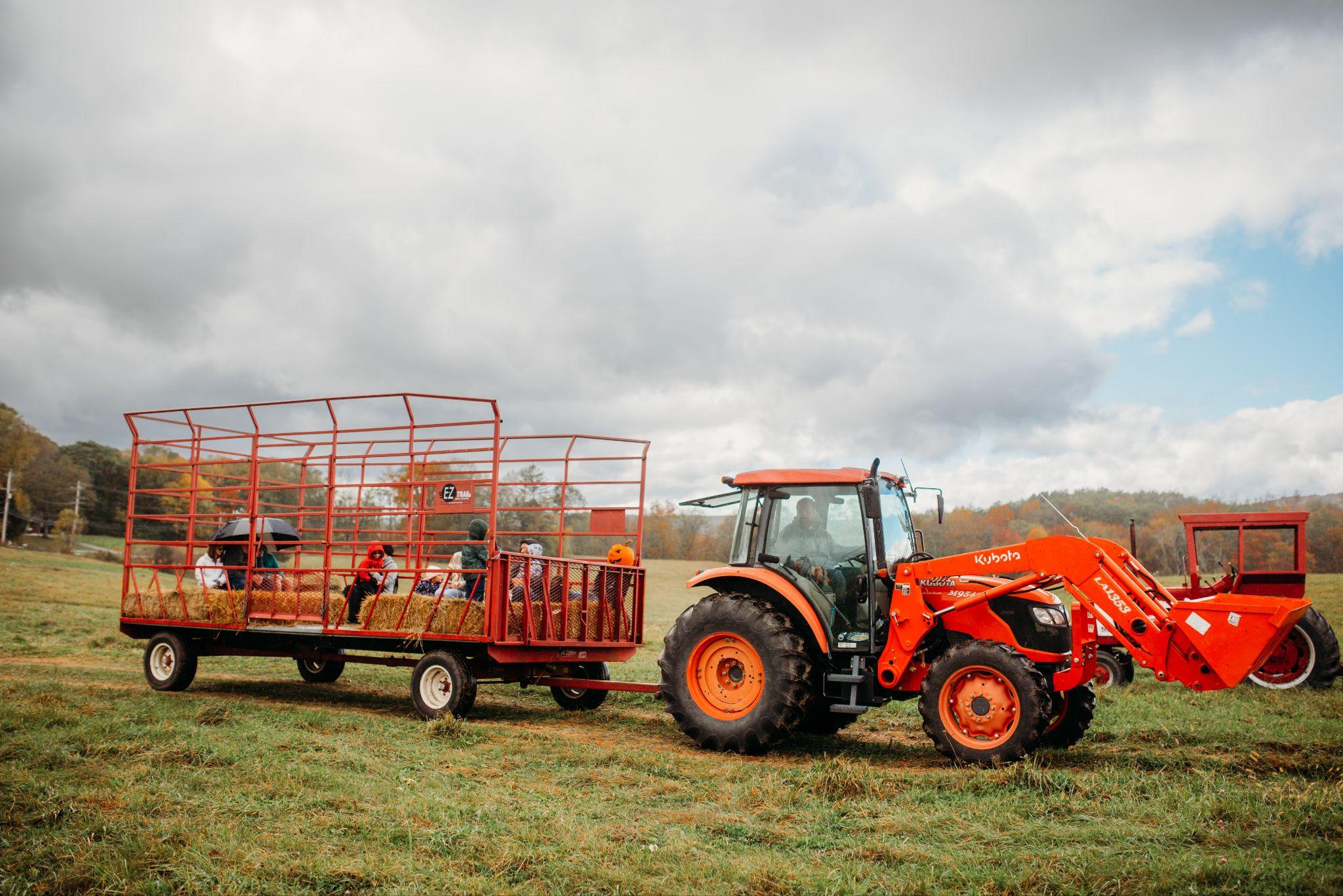 The hayride wagon rolling across the field behind the tractor