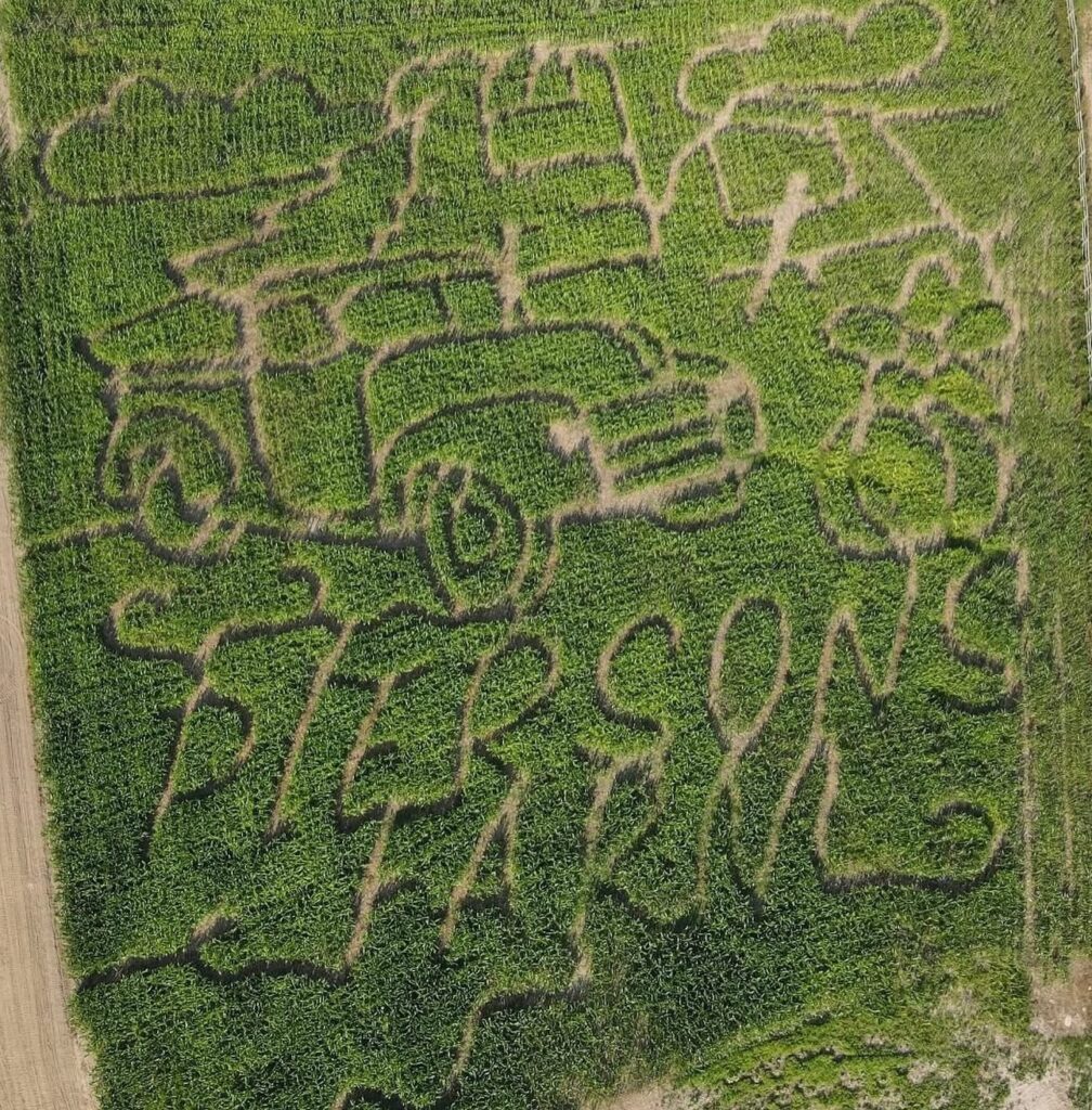 Aerial view of the 2025 corn maze: the Pierson's Farm truck loaded with pumpkins, sunflowers, and the words Pierson's Farm cut into the corn